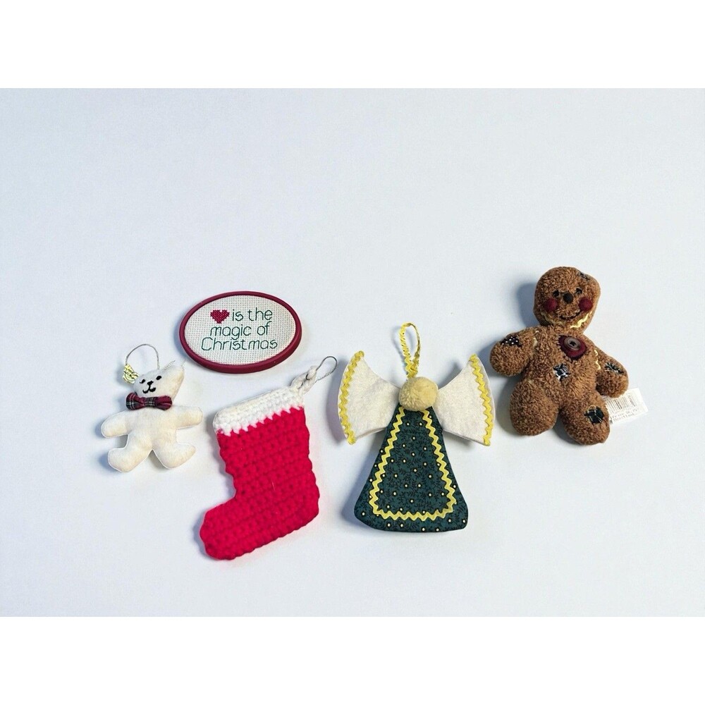 5 Vtg Ornaments Felt Rick Rack Calico Cross Stitch Crochet Holiday Dumplings